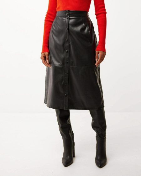 A-line button through PU skirt Black