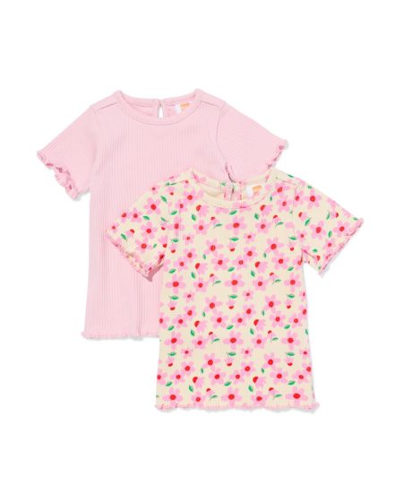HEMA Baby T-shirts Rib Bloemen - 2 Stuks Roze (roze)