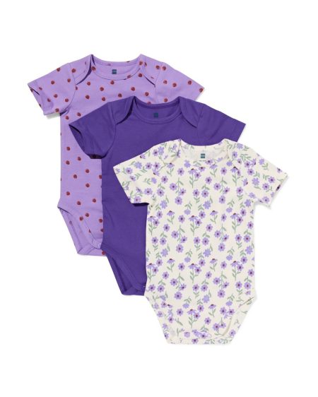 HEMA HEMA Rompers Katoen Met Stretch Bloemen - 3 Stuks Paars (paars)