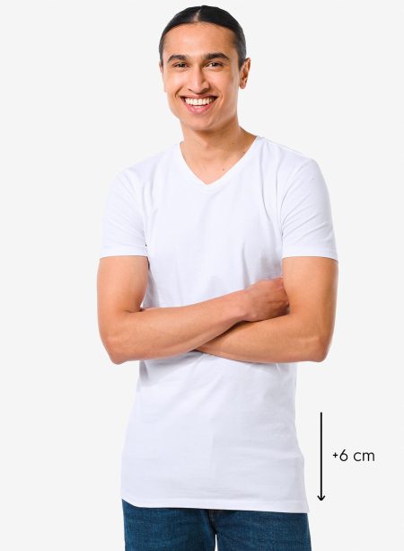 HEMA Heren T-shirt Slim Fit V-hals Extra Lang Wit (wit)