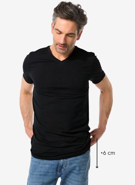 HEMA Heren T-shirt Slim Fit V-hals Extra Lang Zwart (zwart)