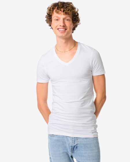 HEMA HEMA Heren T-shirts Slimfit Diepe V-hals Extra Lang - 2 Stuks Wit (wit)