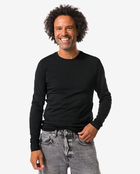 HEMA Heren T-shirts Lange Mouw Slimfit O-hals - 2 Stuks Zwart (zwart)