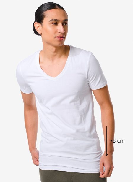 HEMA Heren T-shirt Slim Fit Diepe V-hals Extra Lang Wit (wit)