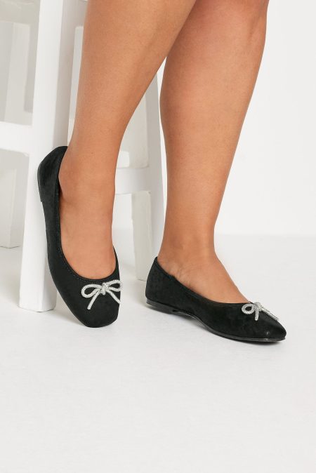 Ballerina's Met Strik Met Diamantjes In Een Extra Brede Pasvorm In Zwart