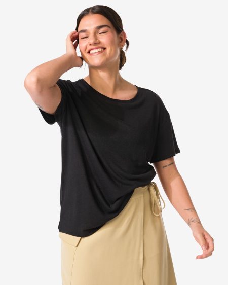 HEMA HEMA Dames T-shirt Evie Met Linnen Zwart (zwart)