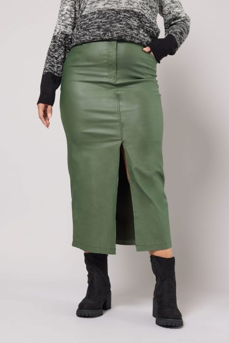 Yours Midaxirok Met Coating En Splitdetail Aan De Voorkant In Kakigroen Size 54-56