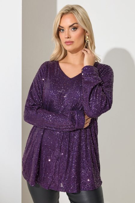 Yours London Top Met Paillettenversiering En Vhals In Paars Size 58-60