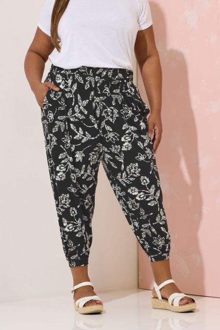 Yours Cropped Harembroek Met Bloemontwerp In Zwart/Wit Size 50-52