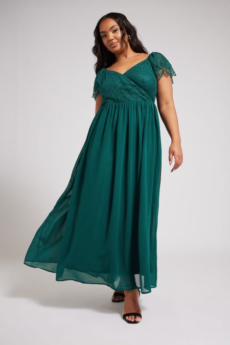 Yours London Lange Wikkeljurk Met Kant En Kapmouwen In Blauwgroen