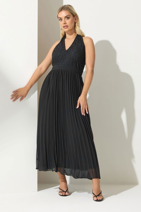 Yours London Maxijurk Met Halternek En Plooirok In Zwart Size 52