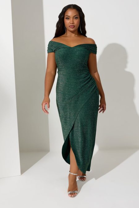 Yours London Maxijurk Met Bardothals In Metallic Groen