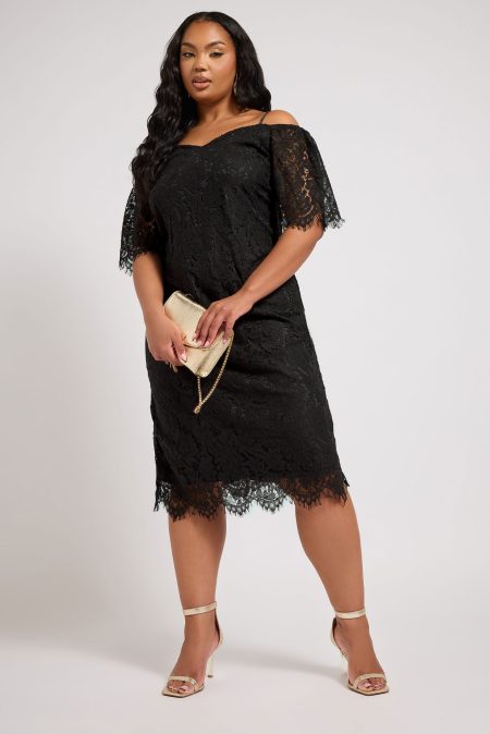 Yours London Shiftjurk Met Bloemenkant En Blote Schouders In Zwart Size 58-60