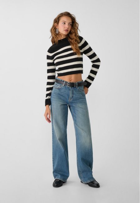 Stradivarius Soft touch cropped trui met strepen  Zwart M