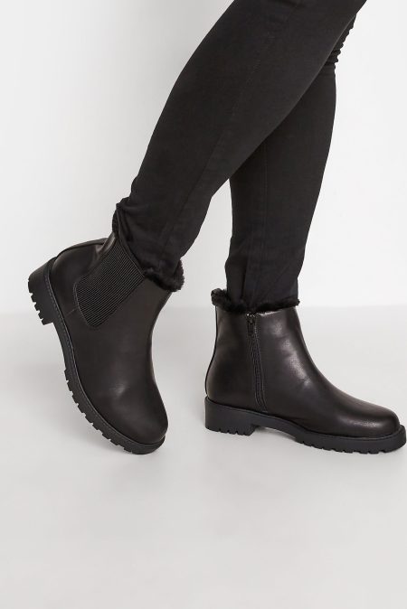 Chelsea Boots Met Voering Van Imitatiebont In Een (Extra) Brede Pasvorm In Zwart