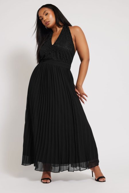Yours London Maxijurk Met Halternek En Plooirok In Zwart
