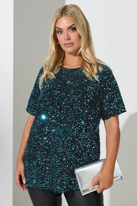 Yours London Top Met Fluweel En Paillettenversiering In Blauwgroen