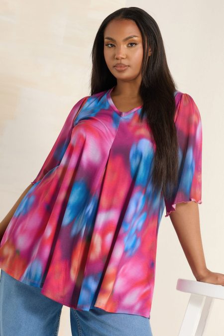 Limited Collection Meshtop Met Abstracte Print In Roze/Blauw