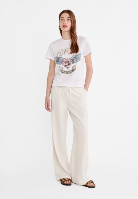 Stradivarius T-shirt met metallic print  Pastelroze S