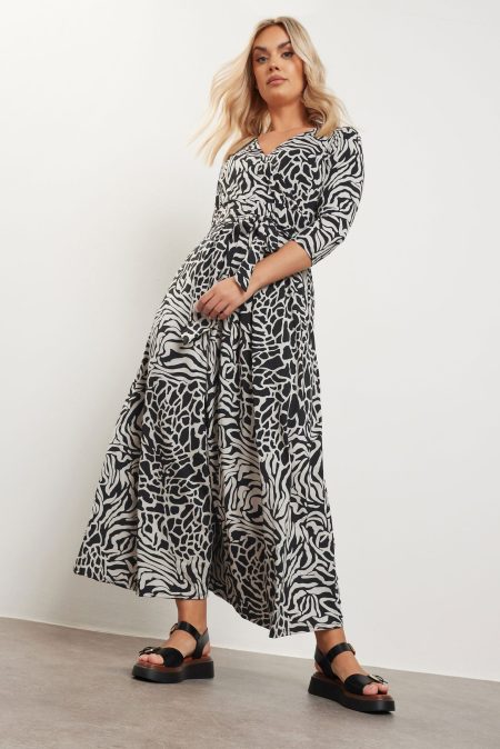 Yours Lange Wikkeljurk Met Zebraprint En 3/4Mouwen In Zwart