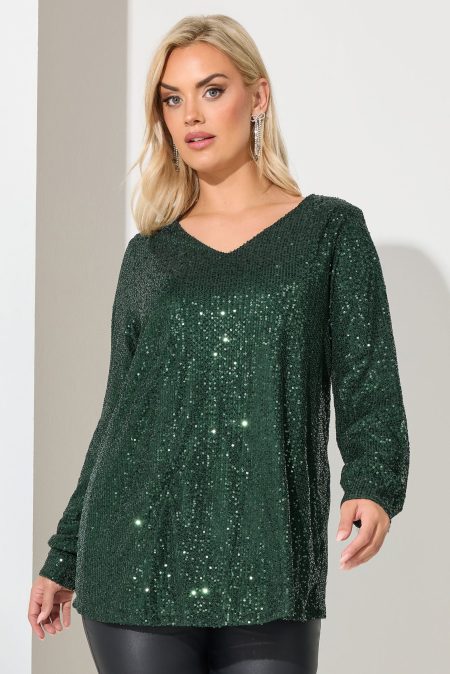 Yours London Top Met Paillettenversiering En Vhals In Donkergroen Size 58-60
