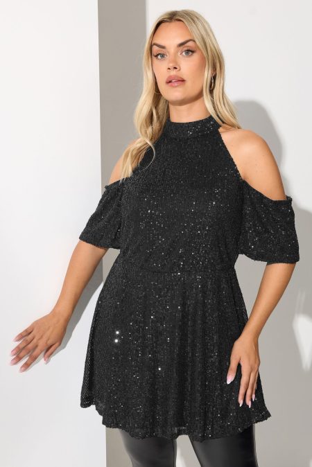 Yours London Top Met Paillettenversiering En Blote Schouders In Zwart