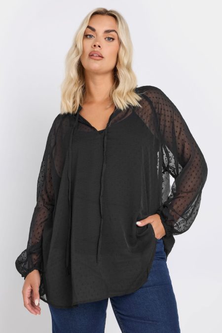Yours Blouse Met Dobbytextuur En Strikdetail In Zwart