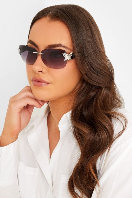 Rechthoekige Zonnebril Zonder Montuur Met Vlinderdetail In Zwart