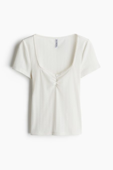 H & M - T-shirt met picotrandje - Wit