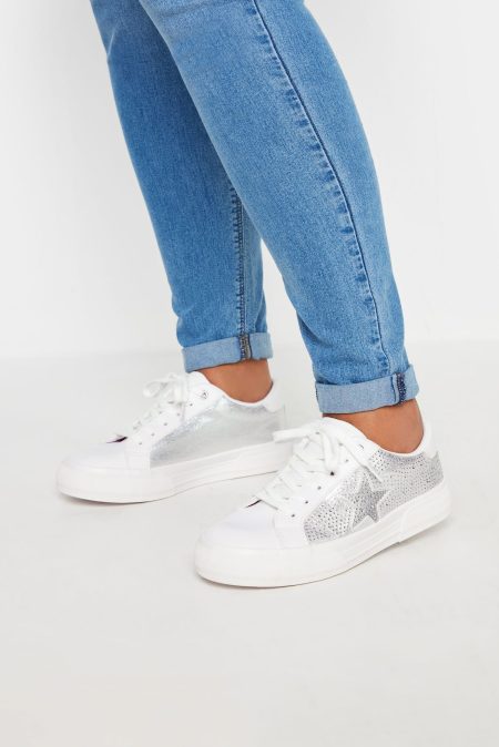 Sneakers Met Sterrenprint Met Diamantjes In Een Extra Brede Pasvorm In Wit