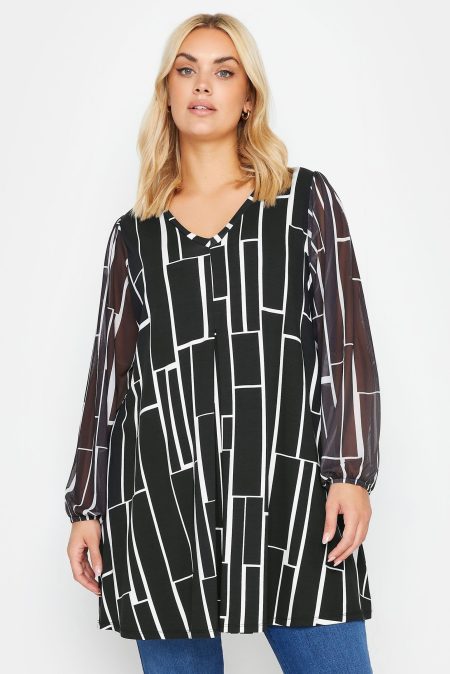 Yours Top Met Geometrische Print En Mesh Mouwen In Zwart