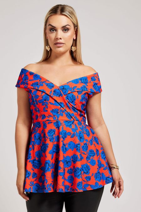 Yours London Top In Smokingstijl Met Bloemontwerp In Rood/Blauw Size 58-60