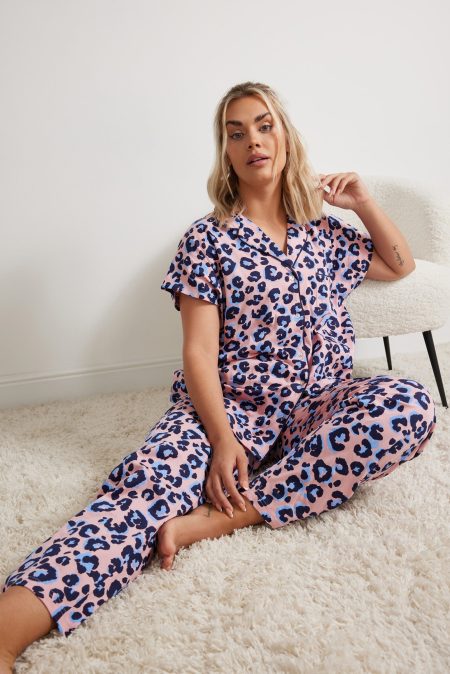 Yours Pyjamaset Van Katoen Met Luipaardprint En Knoopsluiting In Roze