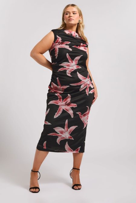 Yours London Midaxijurk Zonder Mouwen Met Lelieprint In Zwart/Roze