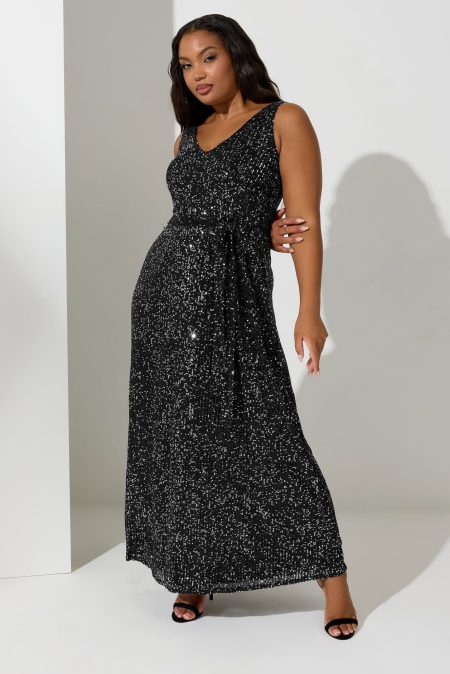 Yours London Mouwloze Maxijurk Met Pailletten En Tailleband In Zwart