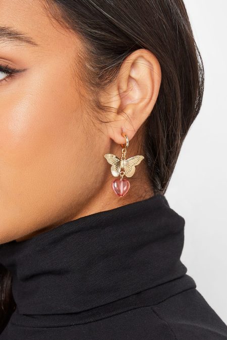 Oorringen Met Vlinder & Hartvormig Hangertje In Goud
