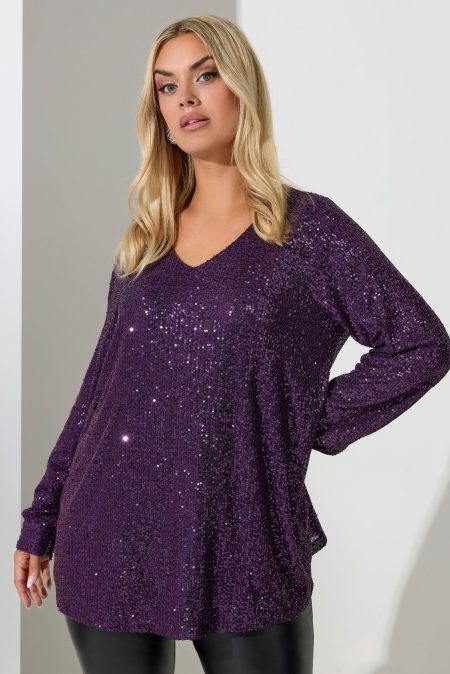 Yours London Top Met Paillettenversiering En Vhals In Paars