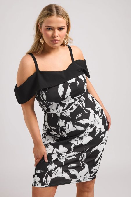 Yours London Shiftjurk Met Bardothals En Bloemontwerp In Zwart/Wit Size 58-60