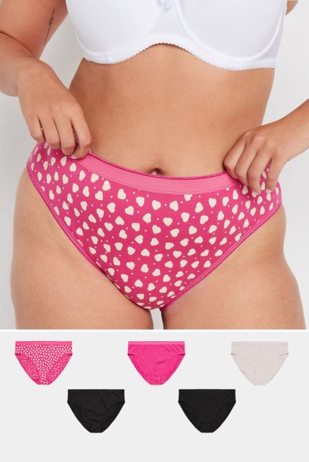 Yours 5 Pack Hoog Uitgesneden Tailleslips Van Katoenmix Met Hartenprint In Roze/Zwart