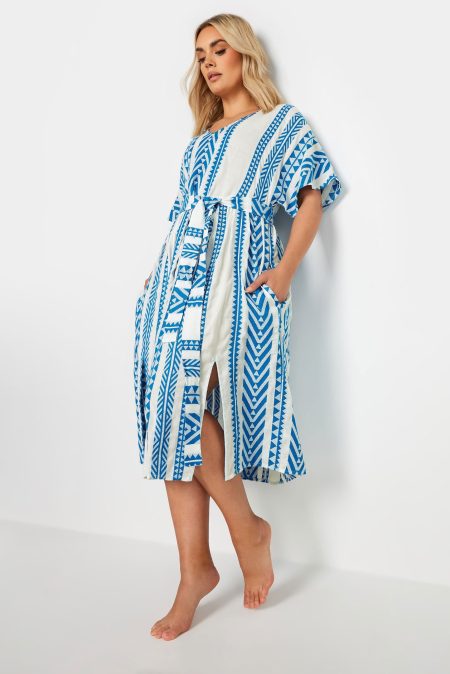 Yours Katoenen Midaxijurk Met Geborduurde Aztec Print In Wit/Blauw