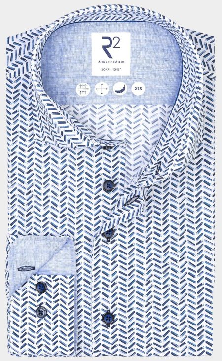 R2 Amsterdam Overhemd extra lange mouw Blauw Blue stromer accu print 124.WSP.XLS.041/014
