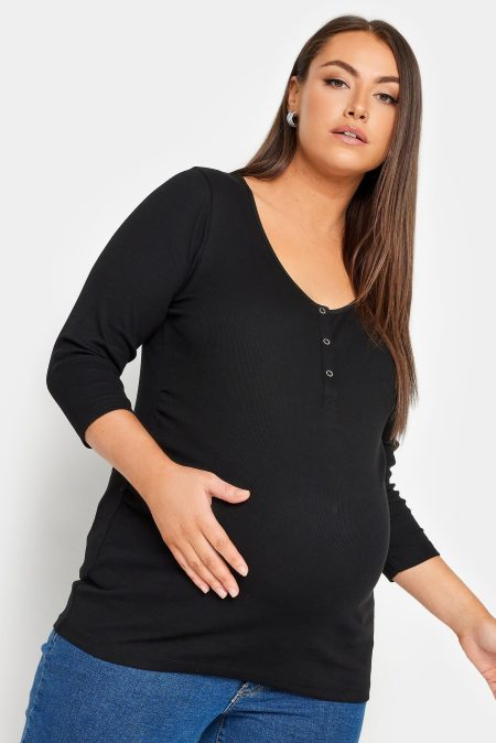 Bump It Up Maternity Geribbelde Top Met Drukknopen In Zwart
