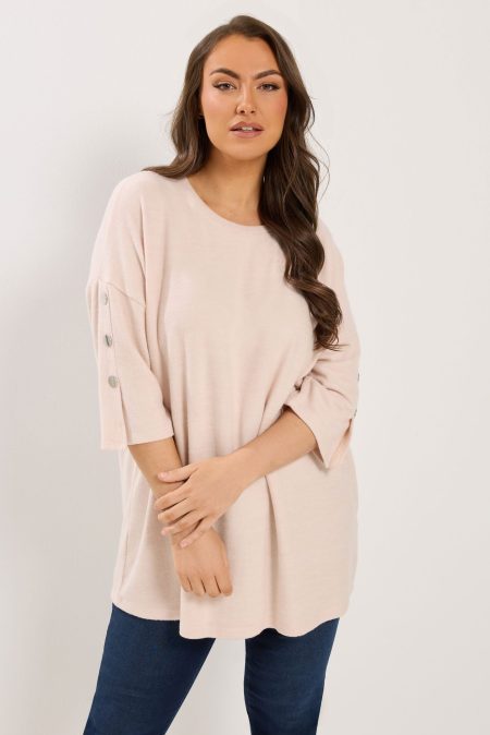 Yours Roze Zachte Geribde Top Met Knoopmouwen Size 58-60