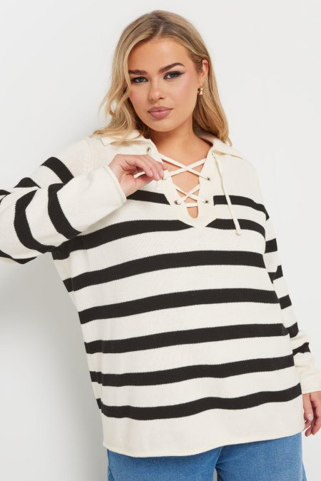 Yours Gestreepte Trui Van Katoen Met Strikdetail Bij De Halslijn In Wit