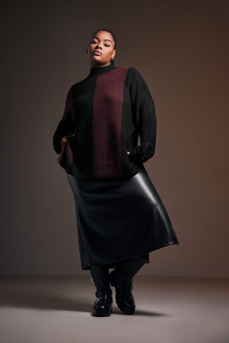 Yours Gebreide Trui Met Verticaal Streepontwerp In Zwart/Bordeauxrood