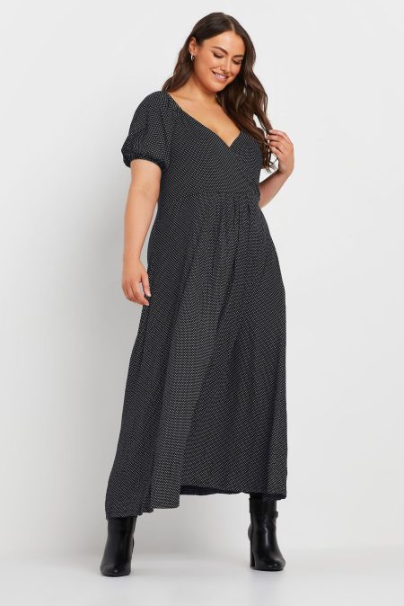 Yours Maxi Wikkeljurk Met Stippenprint En Korte Mouwen In Zwart