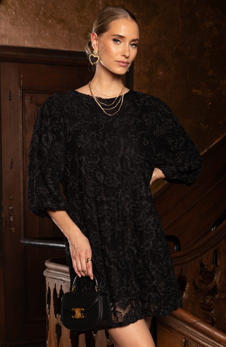 Ballonmouw Flowerprint Jurk Zwart