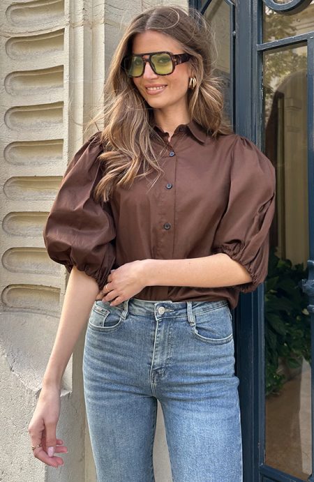 Classic Pofmouwen Blouse Katoen Choco