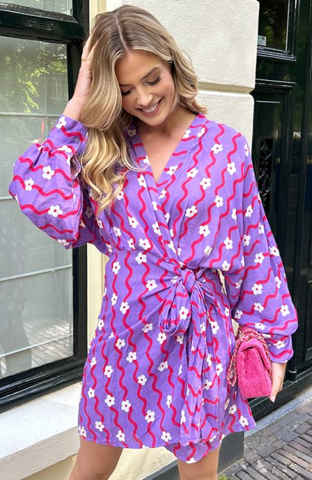 Cotton Wrap Jurk Flower Print Paars