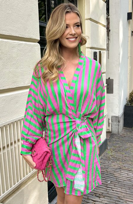 Cotton Wrap Jurk Stripe Bright Green